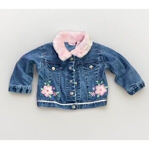 Girls 2T Denim Jean Jacket Embroidered Pink Flowers Pink Faux Fur Collar